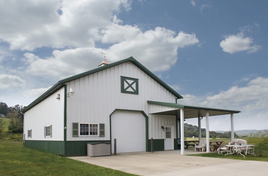 Farm building with a white overhead door